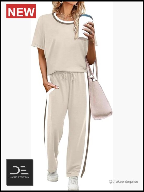 Pants - 2 Piece Lounge Set for Women - Short Sleeve Top & Wide Leg Pants with Pockets